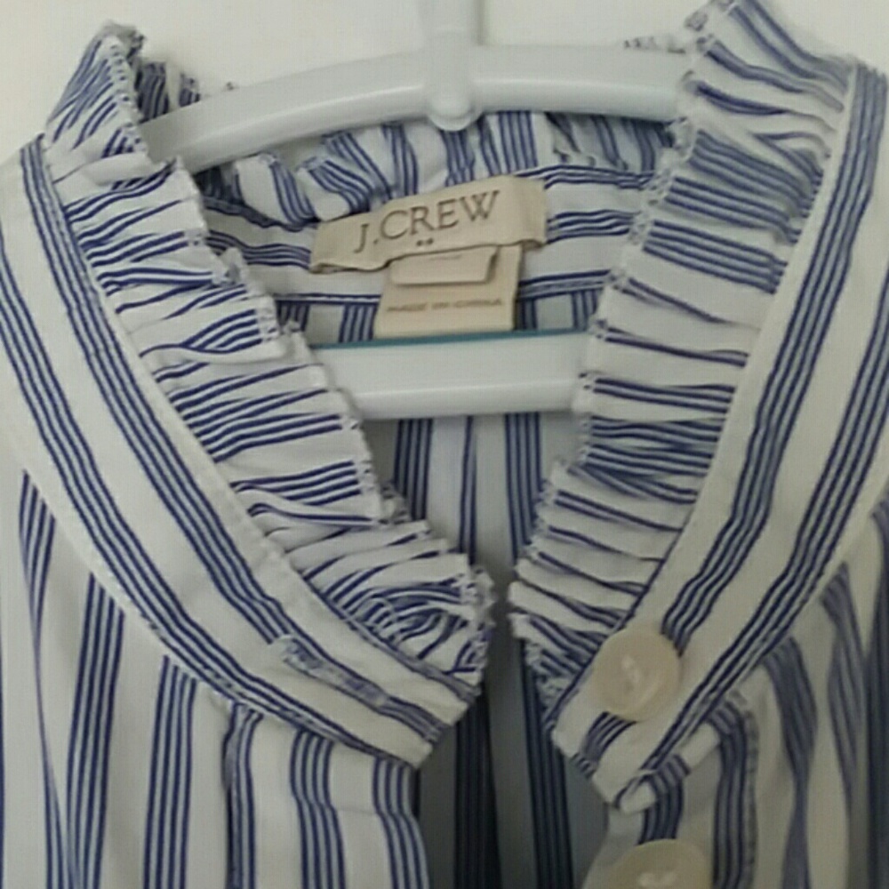 Blue/White Pinstriped JCrew Ruffled Button Down - Picture 4 of 5